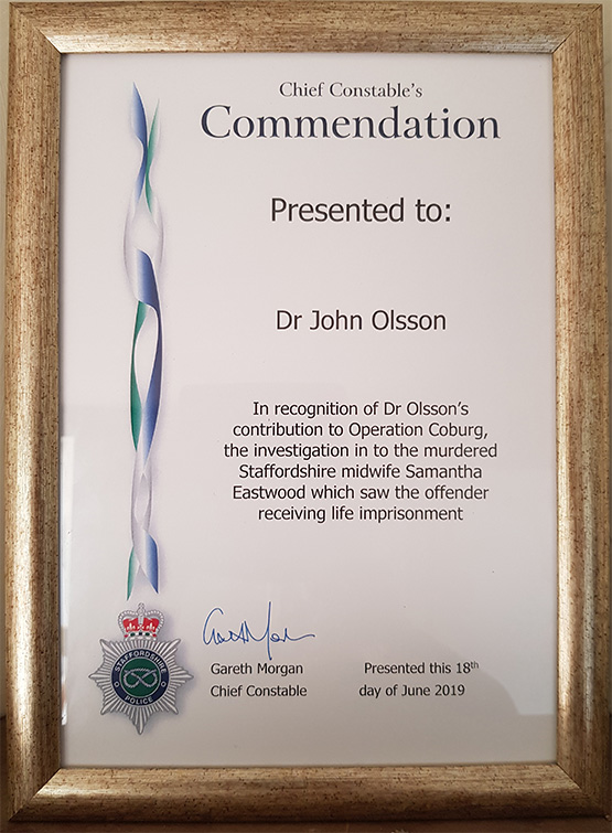 Dr Olsson awarded Chief Constable's Commendation