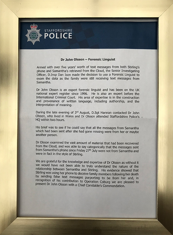 Dr Olsson awarded Chief Constable's Commendation